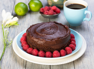 Fototapeta na wymiar vegan chocolate and raspberry cake