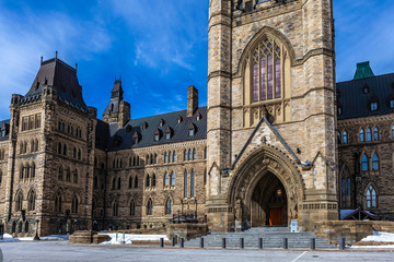 Ottawa CANADA - February 17, 2019: Federal Parliament Building of Canada in Ottawa, North America - obrazy, fototapety, plakaty