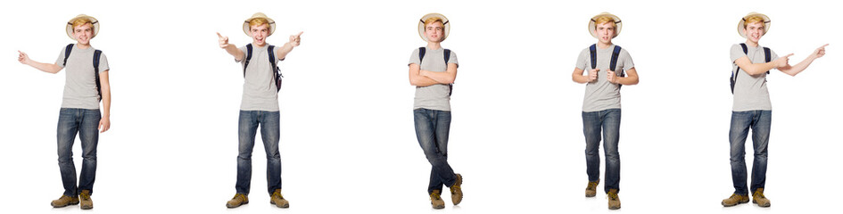 Young boy in cork helmet with backpack 