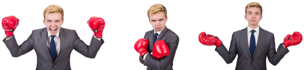 Young employee with boxing gloves isolated on white 