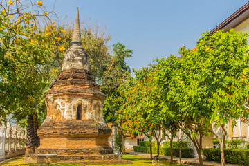 Old ruin pagoda with green trees and blue sky background in Chiang Mai, Thailand.
