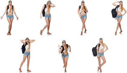 Fototapeta premium Beautiful woman in shorts with backpack 