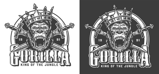 Angry gorilla in crown vintage label © DGIM studio