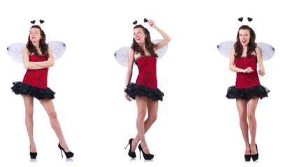 Young woman in bee costume isolated on white 