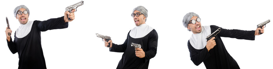 Man in nun dress with handgun 