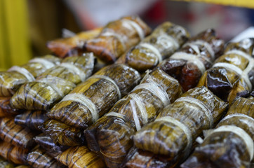 Glutinous rice wrapped in banana leaves of thailand