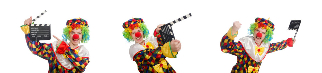 Clown with movie clapper isolated on white