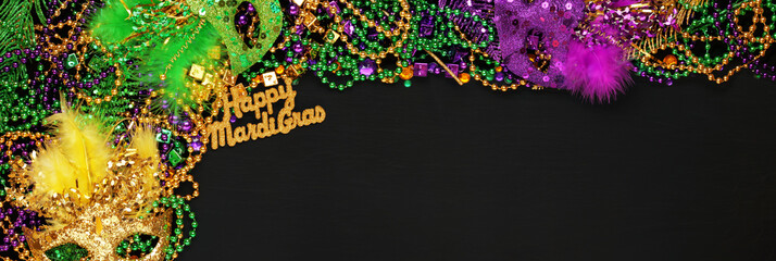 Happy Mardi Gras with Purple, Gold, and Green Mardi Gras beads and masks