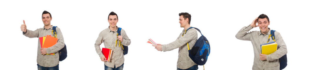 Smiling caucasian student with backpack and books isolated on wh