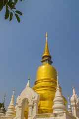 Naklejka premium Beautiful golden and white pagodas in Sri Lankan style at Wat Suan Dok (flower garden temple) with blue sky background. Wat Suan Dok, also known as Wat Buppharam, built in 1370, Chiang Mai, Thailand.
