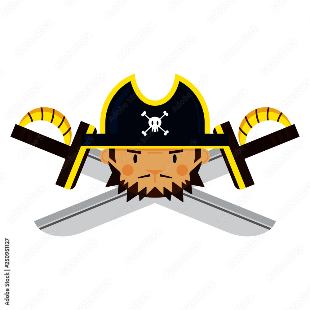 Sticker Cartoon Pirate Captain with Crossed Swords