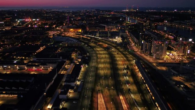 Aerial Denmark Copenhagen June 2018 Night 30mm 4K Inspire 2 Prores  Aerial video of downtown Copenhagen in Denmark at night.