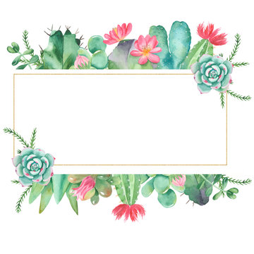 Watercolor banner with succulents, cacti and flowers. Great for invitations, weddings, logo, quotes, place for text.