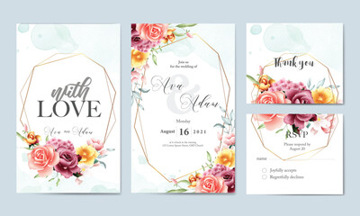 Fototapeta na wymiar Floral watercolor wedding invitation template set