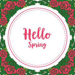 Vector illustration greeting card hello spring with beautiful blossom red flower frame hand drawn