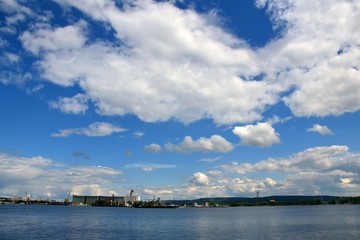 Panoramic view of the port of Togliatti, hydroelectric power station and Zhiguli mountains