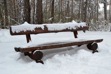 Wooden bench covered with snow in the winter city forest