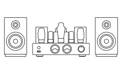 Tube amplifier and bookshelf speaker. Vector thin line