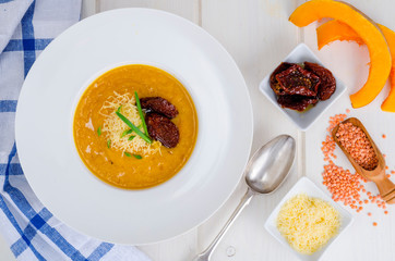 Vegetable soup cream with orange lentils.