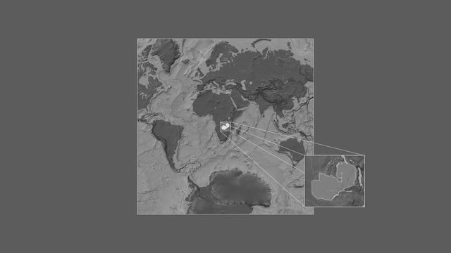 Zambia area framed and extracted from the global bilevel map in the van der Grinten I projection with animated oblique transformation