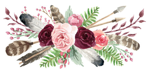 Rustic Watercolor Floral Arrow Bouquet - obrazy, fototapety, plakaty