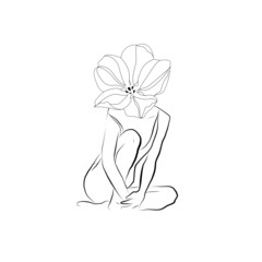 A girl with a flower instead of a head. isolated vector hand drawn, woman, one line, abstract sketch, lines drawing, figure of a woman or young girl.