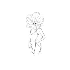A girl with a flower instead of a head. isolated vector hand drawn, woman, one line, abstract sketch, lines drawing, figure of a woman or young girl.