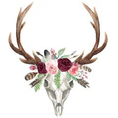 Poster de jardin Boho Crâne de cerf floral aquarelle rustique