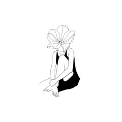 A girl with a flower instead of a head. isolated vector hand drawn, woman, one line, abstract sketch, lines drawing, figure of a woman or young girl.