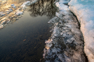 reflection of trees at sunset in the icy river. Romantic evening