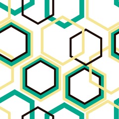 Geometric vector seamless pattern. Different size turquoise, yellow and black rhombuses on white background for textile, wallpaper, wrapping, web, carton, print, banner, ceramic tile.