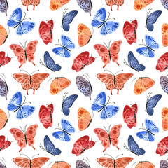 Fototapeta na wymiar Pattern with bright cute butterflies, in watercolor style!