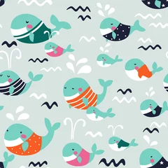 Wall murals Sea waves Cute seamless pattern with funny whales in pastel colors 