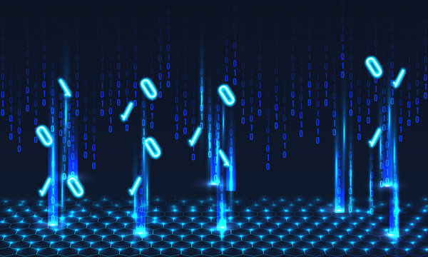 Vector matrix background with numeral lines between shiny digital rays.