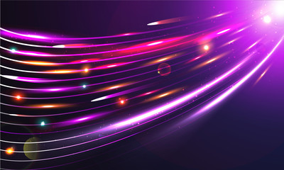 Futuristic, science and technology concept, shiny light rays illustration on purple background.