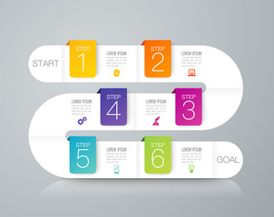 Timeline infographics design vector and business icons with 6 options.