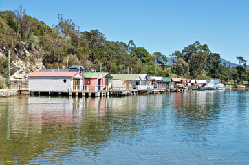 Fototapeta na wymiar Colourful riverfront houses at Cornelian Bay near Hobart, Tasmania