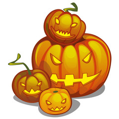 Set of ripe pumpkin with carved eyes and mouth, Jack-o-Lanterns. Attribute of the holiday of Halloween. Sketch for holiday cards, posters or invitations to party. Cartoon vector close-up illustration.
