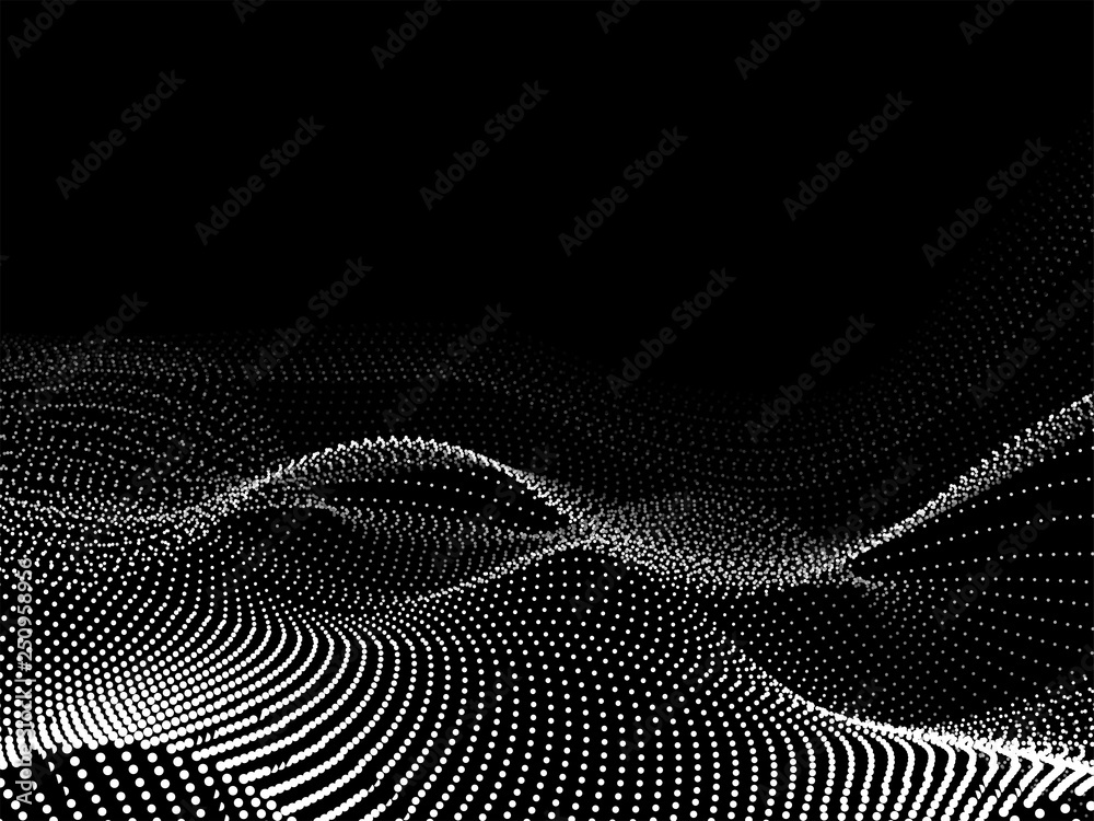 Poster 3D abstract digital wavy particles on black background.