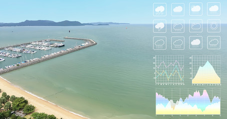 Weather forecast symbol data presentation with graph and chart on beautiful aerial view of summer beach holiady background.