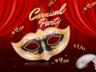 Carnival poster with decorative mask on glossy red curtains background.