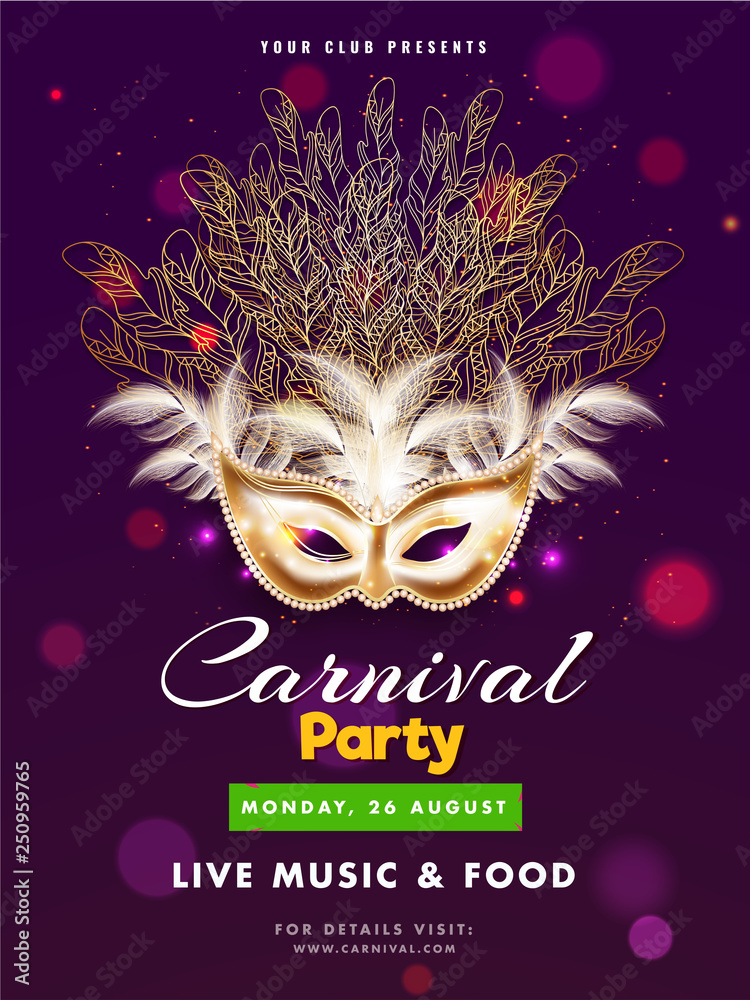 Sticker Realistic mask illustration on purple bokeh background for Carnival Party invitation card design.