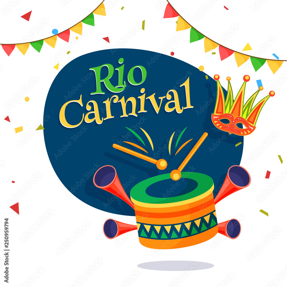 Poster rio carnival celebration poster design with party mask and music instruments illustration on white b