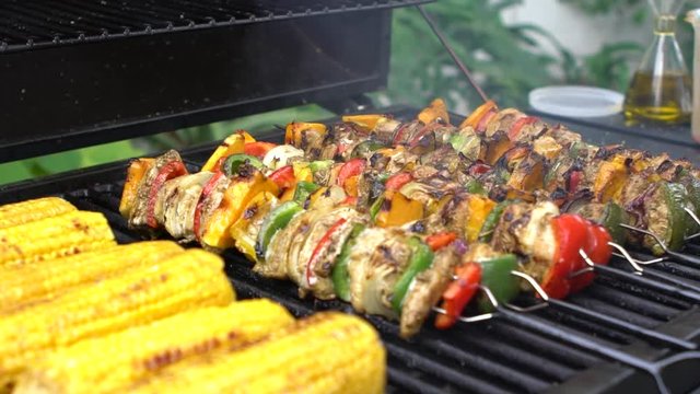 Hand of man open the door of BBQ grill. Cooking delicious skewers on grilled meat. Food cooked with grilling barbecue. Chef cooking brochette in backyard of a house-Dan