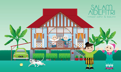 A Muslim family celebrating Raya festival in their traditional Malay style house. Caption: happy Hari Raya. Vector.