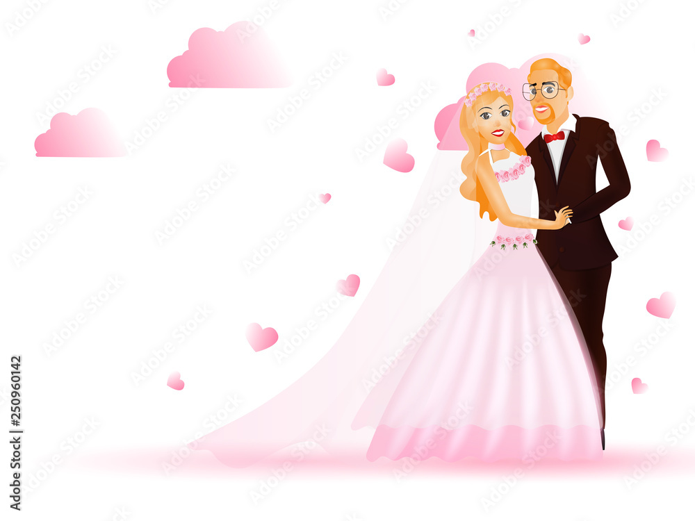 Wall mural Romantic couple character in standing pose on heart decorated background.