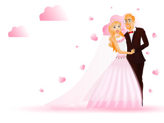 Romantic couple character in standing pose on heart decorated background.