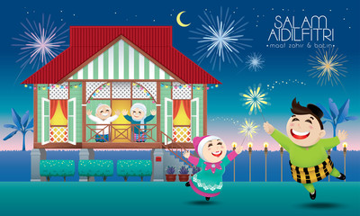 A Muslim family celebrating Raya festival in their traditional Malay style house. Caption: happy Hari Raya. Vector.