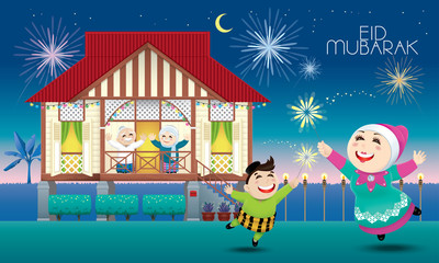 A Muslim family celebrating Raya festival in their traditional Malay style house. Caption: happy holiday. Vector.