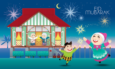 A Muslim family celebrating Raya festival in their traditional Malay style house. Caption: happy holiday. Vector.